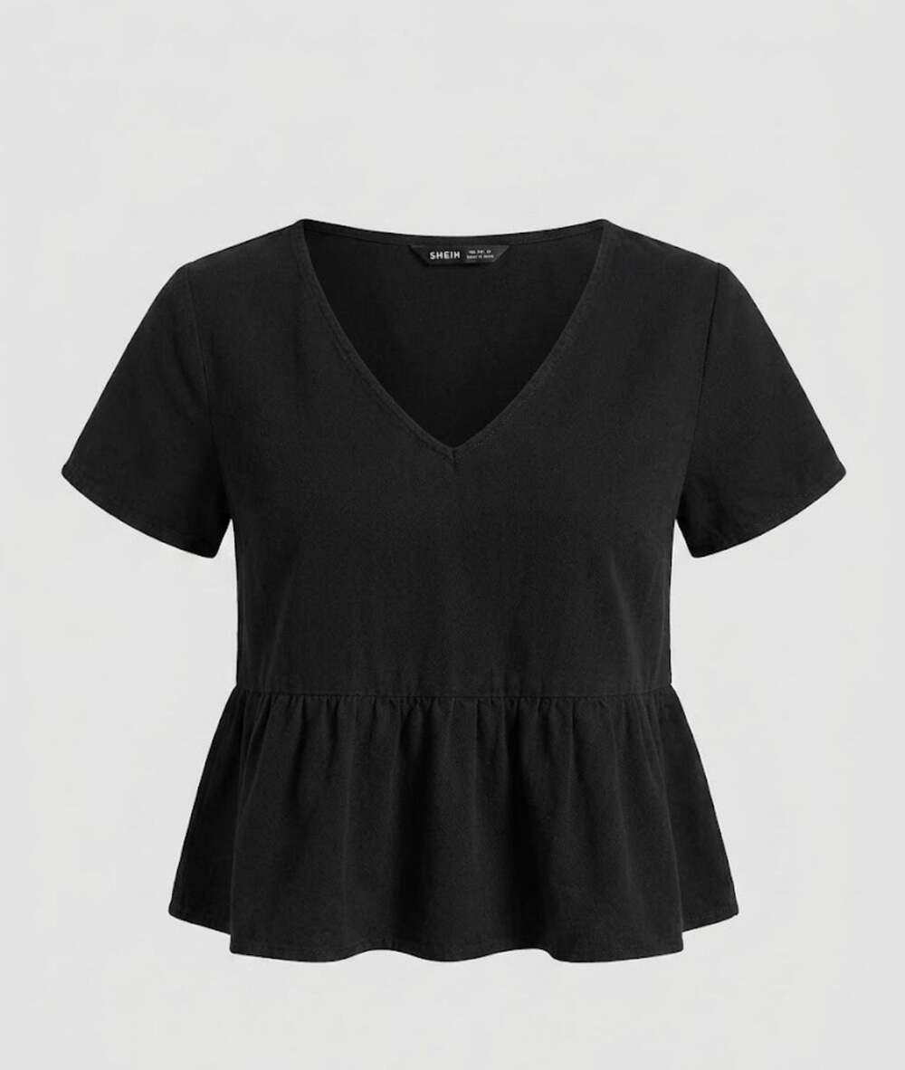 SHEIN V-Neck Short Sleeve Black Peplum Babydoll Top Medium